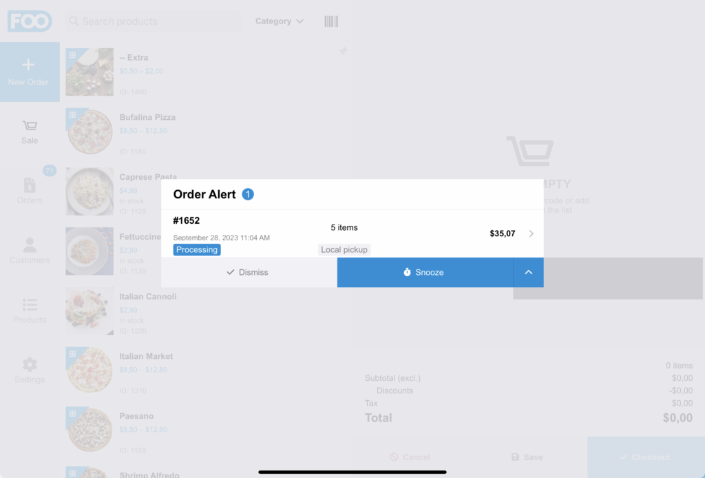 App Foosales che visualizza un avviso d'ordine