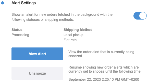Screenshot van de sluimerinstellingen van een Foosales Order Alert