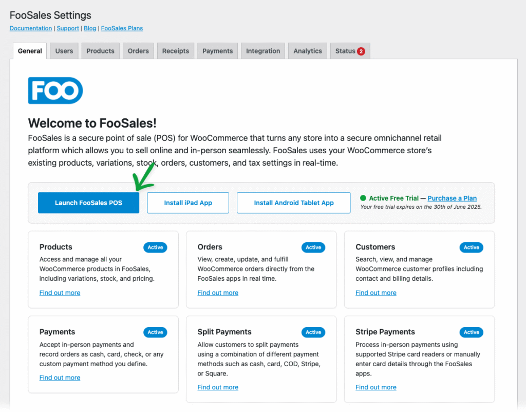 Screenshot Of The Foosales Setting Screen And The Launch Foosales Pos Button.