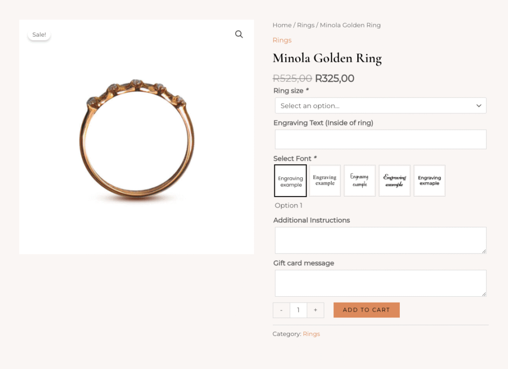 Screenshot Of A Rings Product Page Demonstrating Woocommerce Product Add-On Fields For A Jewelry And Engravings Ordering System