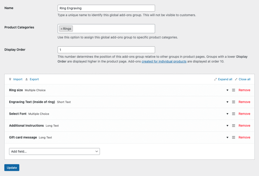 Screenshot Of Woocommerce Product Add-On Fields.