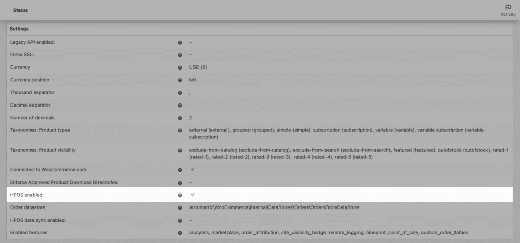 Screenshot Of Woocommerce System Status Highlighting Hpos Compatibility.