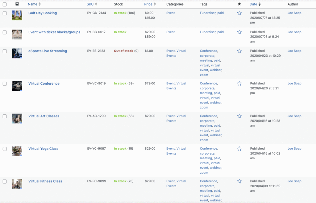 Screenshot Of Woocommerce Products List Showing Sku Column Filled In.