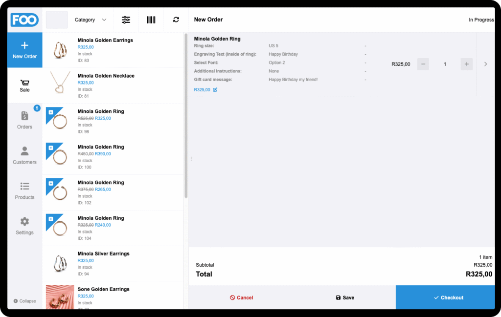 Screenshot Of Product In Cart In Foosales Demonstrating A Jewelry And Engravings Ordering System