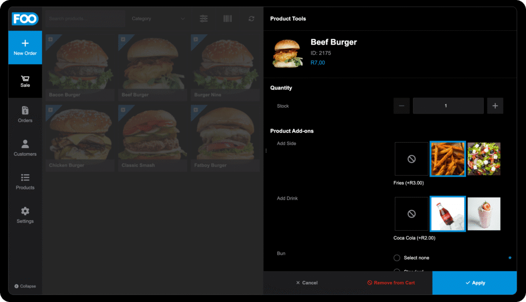 Screenshot Of Foosales Pos And The Woocommerce Product Add-Ons Options For A Burger Restaurant 