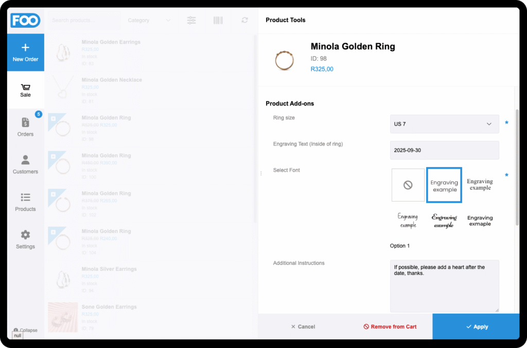 Screenshot Of Foosales Pos And The Woocommerce Product Add-Ons Options For A Jewellery Store