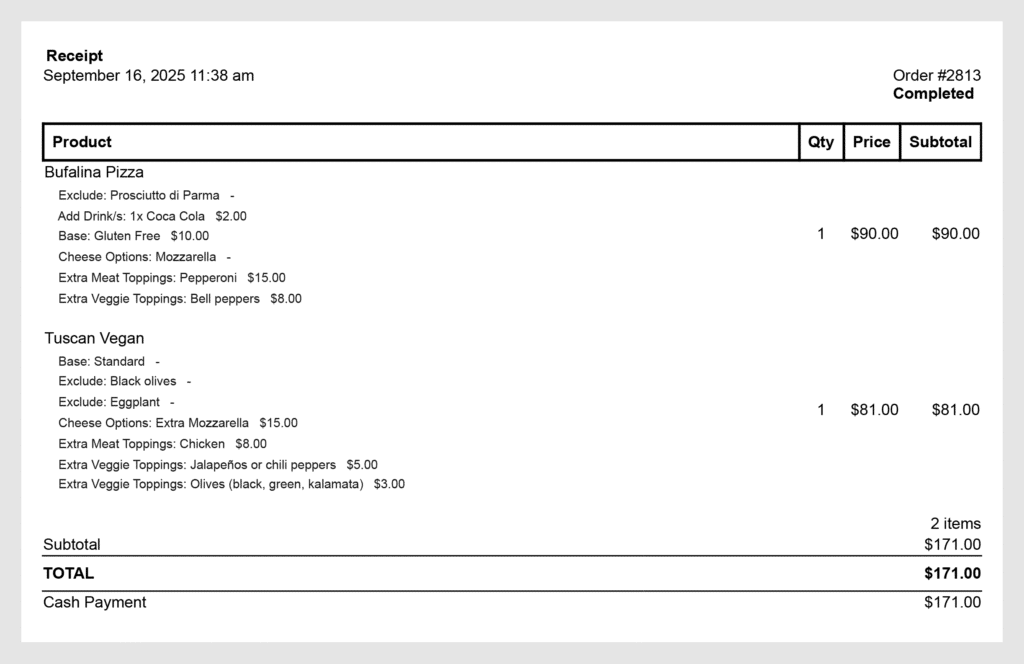 Screenshot Of Foosales Pos And The Woocommerce Product Add-Ons Options On A Order Screenshot Of Foosales Pos And The Woocommerce Product Add-Ons Options For A Pizza Receipt For A Pizza Restaurant