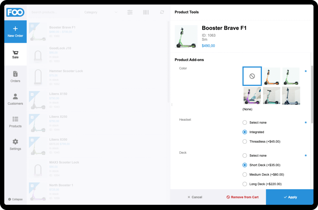 Screenshot Of Foosales Pos And The Woocommerce Product Add-Ons Options For A Custom Scooter Shop
