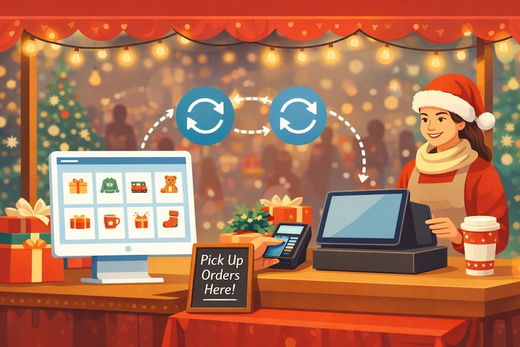 Graphic Illustration Showing A Unified Product Catalog And Synced Inventory Across Online And In-Person Sales.